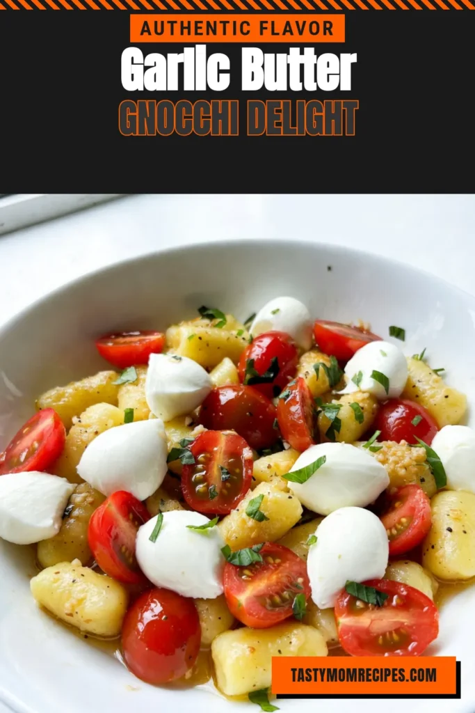 Discover the delightful flavors of Caprese garlic butter gnocchi! This easy gnocchi dish combines tender potato gnocchi with sautéed cherry tomatoes and fresh mozzarella, all enveloped in a rich garlic butter sauce. Perfect for busy weeknights, this garlic butter gnocchi recipe comes together in just 20 minutes. Try this Italian gnocchi recipe today and impress your family! Save for later! #GnocchiRecipes #ItalianCuisine #EasyDinner #PastaLovers
