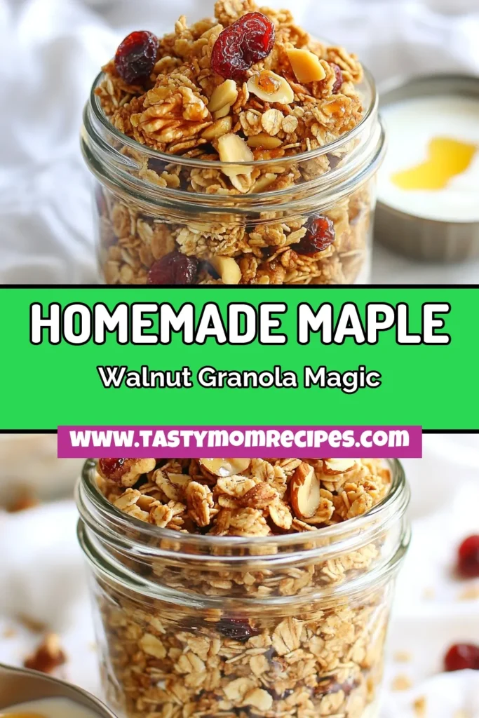 Indulge in a delicious and healthy treat with this Maple Walnut Granola recipe! Packed with wholesome ingredients, these healthy granola clusters are gluten-free and easy to make at home. Enjoy them as a nutty granola snack or a yummy breakfast topped with yogurt. Perfect for meal prep! Try this homemade granola recipe today and satisfy your cravings. Save this recipe for later! #MapleWalnutGranola #HealthyGranolaClusters #GlutenFreeGranola #NuttyGranolaSnack