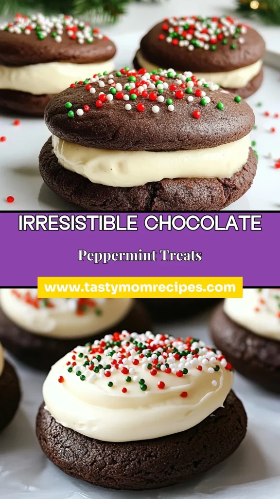 Indulge in the festive delight of Chocolate Peppermint Whoopie Pies! This easy whoopie pies recipe is perfect for your holiday baking adventures. With rich chocolate cookies and a creamy peppermint frosting, these treats are a must-try for any peppermint dessert ideas lover. Get ready to impress your friends and family with these delicious whoopie pies. Click to discover the full recipe and spread the holiday cheer! #holidaybaking #whoopiepies #chocolatepeppermint #dessertideas