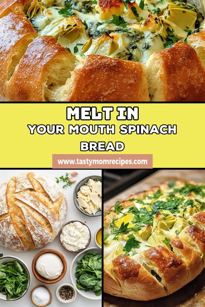 Experience the ultimate comfort food with this savory stuffed bread featuring a delicious spinach artichoke dip recipe! Perfect for a party, this creamy spinach artichoke bread combines sourdough stuffed bread with artichokes and cheese for a baked spinach artichoke appetizer everyone will love. Don't miss out on this crowd-pleaser. Save this recipe for your next gathering! #SpinachArtichoke #StuffedBread #AppetizerRecipe #SourdoughBread
