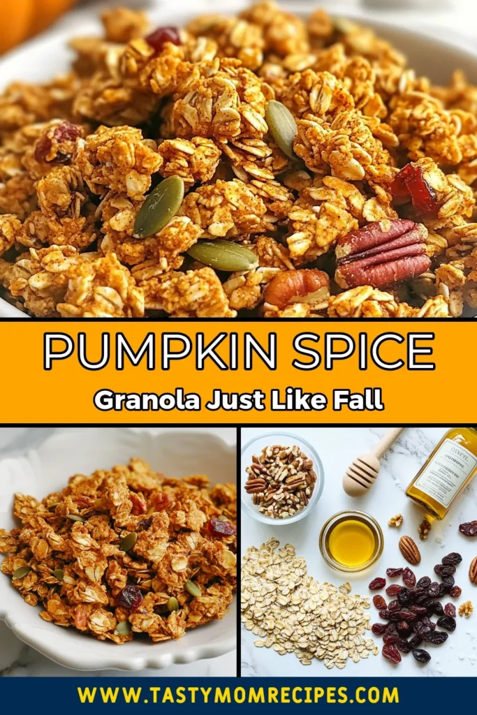 Indulge in the warm flavors of fall with this easy Pumpkin Spice Granola recipe! These homemade granola clusters are not only delicious but also a healthy, gluten-free snack option. Perfect for breakfast or an afternoon pick-me-up, they combine rolled oats, pumpkin seeds, and pecans for a satisfying crunch. Try this healthy granola recipe today and enjoy the perfect fall snack idea! Save this recipe now! #PumpkinSpiceGranola #HealthySnacks #GlutenFreeGranola #FallRecipes