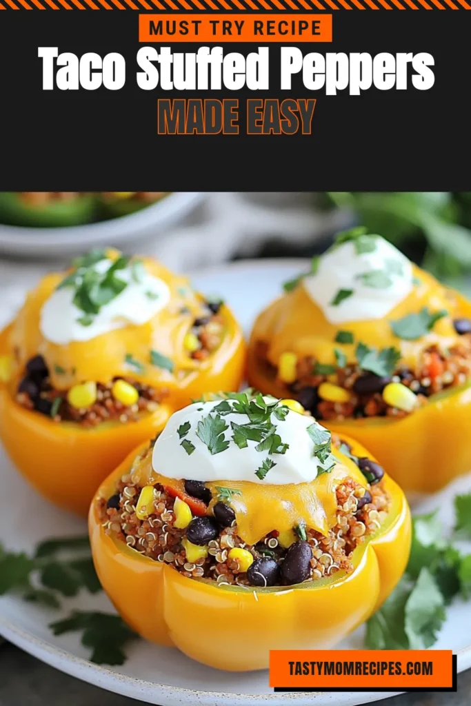 Discover this delicious taco stuffed bell peppers recipe that’s perfect for a weeknight dinner! Packed with healthy ingredients like ground turkey, quinoa, and black beans, these Mexican stuffed peppers are not only easy to make, but they also offer a healthy stuffed peppers option for the whole family. Wow your guests with this easy taco recipe that bursts with flavor. Save this recipe for a nutritious twist on a classic favorite. #TacoStuffedPeppers #HealthyEating #CookingAtHome #MealPrepIdeas