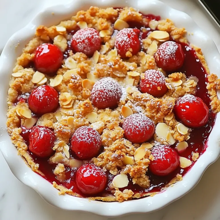 You need 2 cups of cherries for this pie. You can use fresh or frozen cherries. If using frozen, let them thaw before mixing. Pitting the cherries is a must, as it keeps the pie easy to eat. The cherries give the pie its sweet and tart flavor. To make the cherries shine, add 1 tablespoon of lemon juice. This brightens the taste. You also need 1 tablespoon of cornstarch to help thicken the filling. Add 1 teaspoon of vanilla extract and 1 teaspoon of almond extract. These flavors work together to create a rich, nutty taste. For the crust, use 1 pre-made pie crust. This saves time and effort. The crumble topping needs a mix of dry ingredients. Use ¾ cup of all-purpose flour, ½ cup of rolled oats, and ½ cup of almond meal for the texture. Add 1 teaspoon of ground cinnamon for warmth and a pinch of salt to balance sweetness. Finally, mix in ½ cup of melted unsalted butter and the remaining sugar. This creates a crumbly texture that adds a nice crunch. {{ingredient_image_2}} First, preheat your oven to 375°F (190°C). This step helps the pie cook evenly. A hot oven is key for a perfect bake. In a large bowl, mix 2 cups of pitted cherries with 1 tablespoon of lemon juice. Add 1 tablespoon of cornstarch and 1 teaspoon of vanilla extract. Toss gently so each cherry gets coated. Let it rest for about 10 minutes. This waiting time brings out the cherry flavor. Take your pre-made pie crust and place it in a 9-inch pie dish. Press it down lightly to fit snugly. If there’s extra crust, trim it to keep the edges clean. A neat crust gives your pie a nice look. Pour the cherry mixture into the pie crust. Use a spatula to spread it evenly. Next, make the crumble topping. In a bowl, mix ¾ cup of all-purpose flour, ½ cup of rolled oats, ½ cup of almond meal, and 2 tablespoons of sugar. Add 1 teaspoon of ground cinnamon and a pinch of salt. Stir until combined. Now, pour in ½ cup of melted butter and 1 teaspoon of almond extract. Mix until it looks crumbly. Spread the topping over the cherries. Bake the pie for 30-35 minutes. Look for a golden brown topping and bubbling filling. Once baked, take the pie out of the oven. Let it cool for at least 15 minutes before slicing. This cooling time helps the filling set. Serve the pie warm or at room temperature. Adding a scoop of vanilla ice cream makes it extra special! To get a great crumble, you should mix dry ingredients well. Combine flour, oats, almond meal, and sugar evenly. This ensures every bite has that tasty crunch. Use melted butter and mix it in. Make sure you break it apart with your fingers. The mixture should look like coarse crumbs. Don't overmix; a little clumpiness is good. It gives the crumble a nice texture. You can boost flavors easily. Adding lemon juice brings out the cherry taste. Almond extract adds a sweet, nutty touch. Consider mixing in spices, like nutmeg or cardamom, for warmth. You could also try adding a splash of orange juice. This gives a fresh twist to the filling. For a sweeter topping, mix in chopped nuts or coconut flakes. These additions make the pie even more delicious. Baking can be tricky. One mistake is not preheating the oven. Always set the oven to 375°F (190°C) before baking. This helps the pie cook evenly. Another issue is filling the pie too much. Leave some space at the top, as the filling may bubble up. Lastly, don’t skip the cooling time. Letting the pie cool helps the filling set and makes it easier to slice. Avoid these mistakes, and you’ll have a lovely cherry almond crumble pie. Pro Tips Choose the Right Cherries: For the best flavor, use ripe, sweet cherries. If using frozen, ensure they are pitted and thawed before use. Adjust Sweetness: Depending on the tartness of your cherries, you may want to adjust the sugar content in the filling to taste. Crumble Consistency: Make sure your crumble topping is crumbly but not too wet; it should resemble coarse crumbs for the perfect texture. Serving Suggestions: Serve the pie warm with a scoop of vanilla ice cream or whipped cream to enhance the flavors beautifully. {{image_4}} To make a gluten-free cherry almond crumble pie, you can swap regular flour for a gluten-free blend. Choose one that works well in baking, like almond flour or oat flour. You can also use certified gluten-free oats in the crumble topping. This allows everyone to enjoy a slice without worry! If you want a vegan cherry almond crumble pie, there are easy swaps. Use coconut oil or vegan butter instead of unsalted butter. Substitute maple syrup or agave for granulated sugar. For the almond extract, stick with pure extracts as they are usually vegan. This way, you keep all the great flavors while making it plant-based! You can switch up the fruit based on what’s in season. In summer, try fresh peaches or blueberries. In fall, use apples or pears to bring a cozy vibe. Just remember to adjust the sugar according to the sweetness of the fruit you choose. Each fruit adds its own twist to this classic pie! To keep your cherry almond crumble pie fresh, let it cool completely. Once cooled, cover the pie with plastic wrap or aluminum foil. You can also place it in an airtight container. This will help keep the crust crisp and the filling tasty. Store it in the fridge for up to 3 days. When you're ready to enjoy your pie again, preheat your oven to 350°F (175°C). Place the pie on a baking sheet to catch any drips. Heat it for about 15-20 minutes. This method warms the pie evenly. If you want to reheat individual slices, a microwave works too. Heat them for 30 seconds to 1 minute. If you want to save some pie for later, freezing is a great option. Wrap the pie tightly in plastic wrap, then in aluminum foil. This protects it from freezer burn. You can freeze it for up to 3 months. To eat, thaw the pie in the fridge overnight. Then, reheat it in the oven for the best taste and texture. Yes, you can use canned cherries. Just drain and rinse them first. This helps remove excess syrup. Keep in mind, canned cherries may be softer than fresh ones. Adjust sugar based on their sweetness. You’ll know the pie is done when the topping is golden brown and the filling bubbles. Check it after 30 minutes. If it’s not golden yet, give it a few more minutes. A good pie should smell amazing and look inviting! If you don't have almond extract, use vanilla extract instead. It gives a nice flavor, though not as nutty. You can also try a few drops of hazelnut or even coconut extract for a twist. Yes, you can make the pie ahead of time! Prepare the filling and store it in the fridge. You can also make the crumble topping and keep it separate. Assemble and bake the pie on the day you plan to serve it for best results. In this post, we covered how to make a delicious cherry crumble pie. You learned about using fresh or frozen cherries and essential flavor enhancers. I explained step-by-step instructions for preparing the pie and shared helpful tips for a perfect texture. We also explored variations to keep it fun, storage techniques, and answered common questions. Baking can bring joy and delight. With this recipe, you can impress family and friends anytime. Enjoy your cherry pie adventure!
