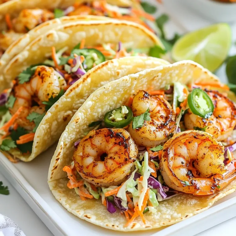To make Cajun shrimp tacos, you'll need these main ingredients: - 1 lb large shrimp, peeled and deveined - 2 tablespoons Cajun seasoning - 2 tablespoons olive oil - 8 small flour or corn tortillas - 1 cup green cabbage, finely shredded - 1/2 cup red cabbage, finely shredded - 1/4 cup carrots, finely grated - 1/4 cup fresh cilantro, roughly chopped - Juice of 2 fresh limes - Salt to taste These ingredients combine to create a vibrant and tasty meal. The shrimp becomes flavorful with Cajun seasoning, and the slaw adds crunch. You can enhance your tacos with these optional add-ons: - 1 jalapeño, finely chopped (for spice) - Sliced avocado or guacamole - Crumbled queso fresco or feta cheese - Hot sauce or salsa for a kick These add-ons let you customize the taste. You can choose how spicy or creamy you want your tacos. For the perfect base, use these tortilla types: - Small flour tortillas - Small corn tortillas Flour tortillas are soft and chewy. Corn tortillas have a nice corn flavor. Both are great options. You can warm them up for a better texture. {{ingredient_image_2}} To start, take 1 pound of large shrimp. Make sure they are peeled and deveined. In a mixing bowl, add the shrimp, 2 tablespoons of Cajun seasoning, and 2 tablespoons of olive oil. Toss everything well. You want the shrimp to be fully coated with the seasoning. Next, heat a large skillet over medium-high heat. When hot, add the shrimp in a single layer. Cook the shrimp for about 2 to 3 minutes on each side. They should turn a vibrant pink color and be opaque throughout. Once done, remove the shrimp from the heat and set them aside. In another bowl, grab your veggies. Combine 1 cup of finely shredded green cabbage, 1/2 cup of finely shredded red cabbage, and 1/4 cup of finely grated carrots. Also, add 1/4 cup of roughly chopped fresh cilantro. If you like spice, include 1 finely chopped jalapeño. Squeeze the juice of 2 fresh limes into the mix and add a pinch of salt. Toss everything together until well mixed and coated in lime juice. This slaw adds a crunchy and fresh flavor to your tacos. Now let’s warm the tortillas. You can use small flour or corn tortillas, about 8 in total. Place them in a dry skillet over medium heat. If you prefer, you can warm them directly over a gas flame for a few seconds on each side. This step makes the tortillas soft and easy to fold. You want them warm and pliable for the best taco experience. It's time to put everything together! Take a warm tortilla and place a few pieces of the cooked Cajun shrimp in the center. Top the shrimp with a generous amount of the zesty slaw mixture. Make sure each taco has vibrant colors and flavors. For an extra touch, you can garnish with lime wedges and fresh cilantro. Serve your tacos right away for the best taste! To make the shrimp just right, start with fresh or thawed shrimp. Choose large shrimp for a better bite. Pat them dry with a paper towel. This helps the seasoning cling well. Heat your skillet on medium-high heat. Add the shrimp in a single layer. Cook them for 2-3 minutes on each side. Look for a bright pink color. They should be opaque, which means they’re done. Overcooking makes shrimp tough, so watch them closely. You can boost flavor easily. Consider adding a touch of garlic powder or onion powder to the shrimp mix. A dash of smoked paprika adds depth. For a kick, toss in some chopped jalapeño or a splash of hot sauce. Fresh herbs like parsley or chives can brighten the dish. You can also experiment with different slaw ingredients. Try adding diced mango or pineapple for a sweet twist. These small changes can make a big difference. Serve your tacos on a colorful platter. Arrange lime wedges around the tacos for a pop of color. A sprinkle of fresh cilantro on top looks appealing. For extra flair, use a mix of tortillas. Use both flour and corn tortillas for texture variety. Layer the tacos with shrimp and slaw, making them look full and vibrant. This way, they will not only taste great but also look beautiful on your table. Pro Tips Fresh Shrimp: Always use fresh shrimp for the best flavor. If using frozen shrimp, make sure to thaw them completely and pat them dry before seasoning. Customize the Spice: If you prefer milder tacos, reduce the amount of Cajun seasoning or omit the jalapeño in the slaw. You can also add avocado for creaminess. Tortilla Choice: Both flour and corn tortillas work well, but corn tortillas have a more authentic flavor. Warm them just before serving to enhance their texture. Make Ahead: Prepare the slaw in advance and let it chill in the refrigerator. The flavors will meld beautifully, making it even tastier when you're ready to serve. {{image_4}} You can kick up the heat in your Cajun shrimp tacos. To do this, add more Cajun seasoning to the shrimp. You can also include extra jalapeños in the slaw for an added kick. If you love heat, try adding diced chipotle peppers or a splash of hot sauce. Each bite will pack a flavorful punch! If you prefer a vegetarian option, skip the shrimp. Instead, use black beans or grilled veggies like bell peppers and zucchini. For a seafood twist, try using grilled portobello mushrooms. The spices will still shine, bringing great taste to your meal. You can also add extra lime for brightness. The slaw can change your taco game. For a twist, try adding mango for sweetness. You can also mix in apples or radishes for crunch. A creamy dressing using yogurt or avocado can add richness. Play with flavors until you find your favorite slaw mix. This keeps your tacos fresh and fun! You can store leftover shrimp and slaw in separate airtight containers. Place the shrimp in one container and the slaw in another. This prevents the slaw from getting soggy. Keep them in the fridge. They will stay fresh for up to two days. Always check for any off smells before using. If they smell funny, throw them away. To reheat the shrimp, use a skillet over medium heat. Add a splash of water to keep them moist. Heat for about 2-3 minutes until warm. If you prefer the microwave, use a covered dish for one minute. Stir and check if they need more time. For the tortillas, warm them in a dry skillet or wrap in a damp paper towel and microwave for 15-20 seconds. The cooked shrimp can last in the fridge for two days. The slaw is best used within the first day for crispness. If you store it, keep it covered. The tortillas can last up to a week in their original packaging. Always check the expiration date to be safe. Cajun seasoning is a mix of spices that gives food a bold flavor. It often includes paprika, cayenne, garlic powder, onion powder, thyme, and oregano. To make your own, combine: - 2 tablespoons paprika - 1 tablespoon salt - 1 tablespoon garlic powder - 1 tablespoon onion powder - 1 teaspoon cayenne pepper - 1 teaspoon dried thyme - 1 teaspoon black pepper Mix these well, and store in an airtight jar. You can adjust the spices to suit your taste. Yes, frozen shrimp work great! Just make sure to thaw them first. Place the shrimp in a bowl of cold water for about 15-20 minutes. Once thawed, pat them dry with a paper towel. This helps the Cajun seasoning stick better. For a tasty meal, try these sides: - Cilantro lime rice - Black beans - Grilled corn on the cob - Avocado salad These sides add freshness and balance to the spicy shrimp tacos. To kick up the heat, add more cayenne to the shrimp. You can also use a spicier jalapeño or add diced serrano peppers. Another option is to drizzle hot sauce over the tacos just before serving. This will give each bite an extra punch. Yes, you can make the slaw ahead of time! Mix all the slaw ingredients and store them in the fridge. Just wait to add the lime juice until you're ready to serve. This keeps the slaw crisp and fresh. Cajun shrimp tacos are fun and easy to make. We covered ingredients, step-by-step instructions, and tips for perfecting your dish. You learned how to store leftovers and create variations. Whether you want spicy flavors or a vegetarian option, tacos work for everyone. Enjoy your tasty meal with friends or family. Experimenting with these recipes will surely bring you joy. Now, grab your ingredients and start cooking!