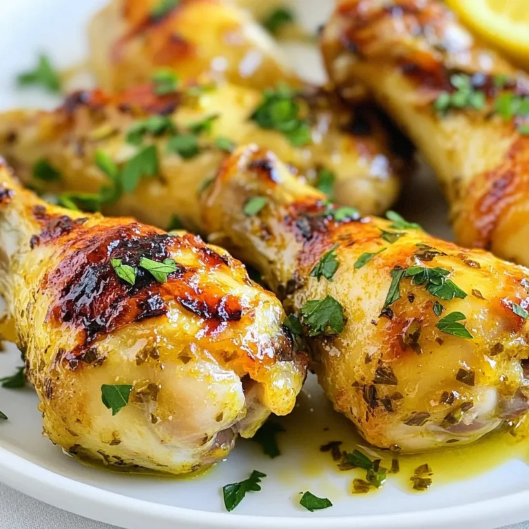 - 8 chicken drumsticks - 4 cloves garlic, finely minced - Zest of 1 large lemon - Juice of 2 fresh lemons - 3 tablespoons extra virgin olive oil - 1 tablespoon raw honey - 1 teaspoon dried thyme - 1 teaspoon smoked paprika - Sea salt and freshly cracked black pepper, to taste These ingredients create a tasty blend of garlic and lemon. The chicken drumsticks soak up all the flavors from the marinade. Using fresh ingredients gives the best taste. - Fresh parsley, chopped (for garnish) - Roasted vegetables (like carrots and broccoli) - Crisp green salad - Rice or quinoa Adding fresh parsley brings color and taste. You can serve the drumsticks with roasted veggies or a salad. These sides make the meal even better. - Large mixing bowl - Whisk - Baking sheet - Parchment paper - Meat thermometer These tools make cooking easy. A meat thermometer helps check if the chicken is done. Using parchment paper keeps cleanup simple and helps the chicken crisp up nicely. {{ingredient_image_2}} Start by preheating your oven to 425°F (220°C). This high heat helps the skin get crispy. Line a large baking sheet with parchment paper. This makes cleanup easy and helps the drumsticks cook evenly. In a big bowl, whisk together the minced garlic, lemon zest, and lemon juice. Add the olive oil, honey, dried thyme, smoked paprika, sea salt, and black pepper. Mix it well to make a fragrant marinade. This blend is key to flavoring your chicken. Add the chicken drumsticks to the bowl. Make sure each drumstick gets coated in the marinade. Toss them gently, so they are fully covered. Cover the bowl and let the chicken marinate. You can leave it out for 30 minutes or chill it in the fridge for up to 2 hours. The longer you marinate, the better the taste. Once marinated, take the drumsticks out of the bowl. Lay them out in a single layer on your prepared baking sheet. Space them apart to help them cook evenly. Place the baking sheet in the oven. Bake for 35-40 minutes. Flip the drumsticks halfway through to get them nice and crispy. To check if the chicken is done, use a meat thermometer. Insert it into the thickest part of a drumstick. It should read at least 165°F (74°C). Once cooked, take the drumsticks out and let them rest for about 5 minutes. This helps the juices settle, making each bite juicy. Finish by sprinkling chopped parsley on top for a fresh look. To make your chicken drumsticks crispy, follow these tips: - Preheat the oven: Set it to 425°F (220°C) before cooking. This helps the skin crisp up. - Use parchment paper: Line your baking sheet. It prevents sticking and helps with even cooking. - Flip halfway: Turn the drumsticks over midway through baking. This ensures both sides get crispy. - Avoid overcrowding: Space out the drumsticks on the sheet. This allows hot air to circulate around them. Marinating is key for flavor. Here are some best practices: - Use fresh ingredients: Fresh garlic and lemons make a big difference in taste. - Marinate for at least 30 minutes: This gives the flavors time to soak in. For more flavor, try marinating for up to 2 hours. - Cover the bowl: Use plastic wrap or a lid to keep everything in. It helps the marinade stick and keeps the chicken moist. - Don’t skip the salt: Sea salt enhances the flavor. It draws out moisture and keeps the chicken juicy. If you run into trouble, here’s how to fix it: - Drumsticks not crispy: Check your oven temp. If it’s too low, they won’t crisp. - Dry chicken: Make sure to check the internal temp. Stick to 165°F (74°C) for perfect juiciness. - Burnt skin: If the skin is getting too dark, cover with foil. This helps prevent burning while cooking through. - Uneven cooking: If some pieces cook faster, rotate the baking sheet halfway through. This helps with evenness. Pro Tips Marination Time: The longer you marinate the chicken, the more flavorful it will be. Aim for at least 2 hours, or even overnight for maximum taste. Crispy Skin: For extra crispy skin, pat the drumsticks dry with paper towels before marinating. Moisture on the skin can prevent crispiness. Flavor Variations: Experiment with different herbs and spices, like rosemary or cumin, to create your own unique version of this dish. Resting Time: Always let the chicken rest after cooking. This allows the juices to redistribute, ensuring a juicier, more tender bite. {{image_4}} You can mix up the marinade for your chicken drumsticks. Try using fresh herbs like rosemary or oregano. You can also add soy sauce for a savory boost. If you like spicy food, add red pepper flakes or a dash of hot sauce. You can even swap honey for maple syrup for a unique taste. Each change gives a new twist to the dish. Besides baking, drumsticks taste great grilled or air-fried. For grilling, preheat your grill to medium heat. Cook the drumsticks for about 25-30 minutes, turning often. This method gives a nice char and smoky flavor. With air frying, set your air fryer to 400°F (200°C). Cook the drumsticks for 20-25 minutes. They will turn out crispy and juicy. Lemon garlic roasted chicken drumsticks pair well with many sides. Try serving them with roasted vegetables like carrots and broccoli. A crisp green salad also makes a fresh companion. For a heartier meal, consider mashed potatoes or rice. For drinks, a light white wine or lemonade complements the lemon flavor nicely. Experiment with different pairings to find your favorite combination. To keep your leftover drumsticks fresh, let them cool first. After cooling, place them in an airtight container. You can also wrap them tightly in plastic wrap. Store the container in the fridge. These drumsticks will stay good for up to three days. When you are ready to eat the leftover drumsticks, reheating is key. Preheat your oven to 350°F (175°C). Place the drumsticks on a baking tray. Cover them loosely with aluminum foil to keep moisture. Heat for about 15-20 minutes. This method keeps them juicy and tasty. You can also use a microwave, but the oven gives better results. If you want to save drumsticks for later, freezing is perfect. First, let them cool completely. Wrap each drumstick in plastic wrap, then place them in a freezer bag. Remove as much air as possible before sealing. Label the bag with the date. Frozen drumsticks will last about three months. When you are ready to use, thaw them in the fridge overnight. You should marinate chicken drumsticks for at least 30 minutes. For the best taste, let them sit in the fridge for up to 2 hours. This allows the flavors to soak in and makes the chicken juicy. Always cover the bowl with plastic wrap to keep the marinade fresh. Yes, you can use chicken thighs or breasts. Thighs will be just as tasty, while breasts may cook faster. If you use breasts, watch the cooking time closely. Chicken thighs will stay moist, while breasts need care to avoid drying out. Adjust the marinade time if you choose different parts of the chicken. Chicken should reach an internal temperature of at least 165°F (74°C). Use a meat thermometer to check the thickest part of the chicken. This ensures the chicken is safe to eat and remains moist. Let the drumsticks rest for 5 minutes after cooking. This helps the juices spread evenly throughout the meat. Lemon garlic roasted chicken drumsticks are simple to make and taste great. We covered main ingredients, cooking steps, and tips for the best results. Don’t forget to try different marinades and cooking methods for variety. Remember, crispy skin and proper storage can make a big difference. Enjoy your delicious meal, and feel free to share your cooking adventures!