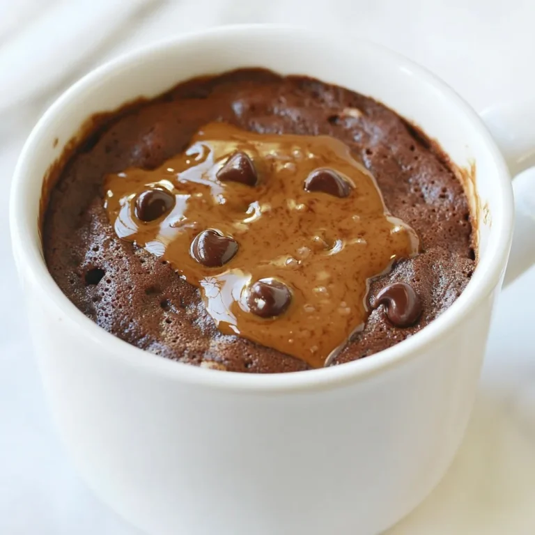 To make a tasty Chocolate Peanut Butter Mug Cake, gather these simple items: - 4 tablespoons all-purpose flour - 4 tablespoons granulated sugar - 2 tablespoons unsweetened cocoa powder - 1/4 teaspoon baking powder - 3 tablespoons milk (any type you prefer) - 2 tablespoons creamy or crunchy peanut butter - 1 tablespoon vegetable oil (or melted coconut oil for a twist) - 1/4 teaspoon pure vanilla extract - A pinch of salt - Optional: A handful of chocolate chips for extra richness These ingredients blend together to create a moist and rich cake in just minutes. Each item plays a key role in building flavor and texture. The flour gives structure, while sugar adds sweetness. Cocoa powder brings that deep chocolate taste we love. Baking powder helps the cake rise, making it fluffy. Milk and peanut butter keep it moist, and the oil adds richness. A touch of vanilla enhances the flavor, and salt balances it all out. Feel free to add chocolate chips for an extra treat! Using creamy peanut butter gives a smooth texture, while crunchy peanut butter adds a fun bite. This recipe is quick and easy, perfect for a sweet craving or a late-night snack. {{ingredient_image_2}} Choose a microwave-safe mug that holds at least 12 ounces. This size helps the cake rise and prevents spills. Make sure the mug is clean and dry before you start. In your mug, combine: - 4 tablespoons all-purpose flour - 4 tablespoons granulated sugar - 2 tablespoons unsweetened cocoa powder - 1/4 teaspoon baking powder - A pinch of salt Use a fork or a small whisk to mix these dry ingredients well. Stir until there are no lumps. This step is key for a smooth cake. Now, add the wet ingredients: - 3 tablespoons milk - 2 tablespoons peanut butter - 1 tablespoon vegetable oil (or melted coconut oil) - 1/4 teaspoon vanilla extract Mix these in slowly. Stir until the batter is smooth and there are no dry spots left. If you want, fold in a handful of chocolate chips for extra flavor. Place the mug in the microwave. Cook on high for 40 to 60 seconds. Keep an eye on it as it cooks. If it needs more time, add 10 seconds at a time. The cake should rise and be set, but still moist in the middle. After cooking, let the mug cake cool for one minute. It will be hot. For a special touch, top it with: - Whipped cream - A drizzle of melted chocolate You can also add extra chocolate chips or crushed nuts for a nice look. A scoop of vanilla ice cream on the side can make it even more delightful! Mixing is key for a great mug cake. Start by whisking the dry ingredients well. This helps blend the flour, sugar, and cocoa. Look for a smooth texture without lumps. When you add the wet ingredients, mix gently but thoroughly. You want a nice, consistent batter. If you add chocolate chips, fold them in last. This keeps them from sinking to the bottom. Microwave times can differ. Cook your mug cake for 40 to 60 seconds on high. Watch it closely to avoid overflow. If it rises too much, stop the microwave for a moment. If it looks wet in the center, give it more time in short bursts. Remember, it will continue to cook a bit after you take it out. Let it cool for a minute before digging in. You can change up your mug cake to fit your taste. - Chocolate chips or nuts: Add a handful of chocolate chips for extra sweetness. You can also mix in some nuts for crunch. - Toppings and accompaniments: Top with whipped cream or a drizzle of melted chocolate. For a fun twist, serve it with vanilla ice cream. This makes a yummy contrast to the warm cake. Pro Tips Choose the Right Mug: Select a microwave-safe mug with a capacity of at least 12 ounces to prevent overflow while cooking. Mix Thoroughly: Ensure all dry ingredients are well combined and there are no lumps in the batter for a smooth texture. Watch the Cooking Time: Microwave wattages vary, so keep an eye on your mug cake as it cooks. Stop microwaving when it’s set but still slightly moist. Add Toppings for Extra Flavor: Consider garnishing your mug cake with whipped cream, melted chocolate, or a scoop of ice cream for a decadent treat. {{image_4}} To make a peanut butter swirl, add more peanut butter to the batter. Before cooking, drop spoonfuls of peanut butter on top of the batter. Use a knife to swirl it gently. This creates a rich, creamy texture in every bite. You can also add extra chocolate chips for a fun touch. You can easily make this mug cake vegan. Replace milk with almond or oat milk. Use a vegan butter substitute instead of vegetable oil. For the peanut butter, ensure it’s natural and dairy-free. This way, everyone can enjoy a tasty treat without animal products. For a gluten-free version, swap all-purpose flour with a gluten-free flour blend. Make sure the blend is suitable for baking. Check that your baking powder is gluten-free too. This option allows those with gluten sensitivities to indulge in this quick dessert. If you have leftover mug cake, store it in an airtight container. This keeps it fresh. Let it cool first, then cover it. It will last in the fridge for up to two days. However, the cake tastes best when fresh. To reheat your mug cake, place it in the microwave. Heat it for about 15 to 20 seconds. Check if it's warm enough. If not, add more time in 10-second bursts. Be careful not to overheat. It can dry out quickly. You can freeze your mug cake too! Wrap it tightly in plastic wrap or foil. Then, place it in a freezer-safe bag. The mug cake can stay in the freezer for up to a month. When ready to eat, thaw it in the fridge overnight before reheating. You can tell your mug cake is done when it rises and sets. The center should still be slightly moist. Cook it for 40 to 60 seconds. If it looks wet or jiggly, microwave it for 10 more seconds. Keep an eye on it. Cooking times can differ based on your microwave's power. Yes, you can make this mug cake without eggs. This recipe does not require eggs at all. The peanut butter and milk help bind the ingredients together. You get a tasty treat without needing eggs. If you need a substitute for peanut butter, try almond butter or sunflower seed butter. Both options work well. They give your mug cake a similar texture and flavor. You can even use Nutella if you want a chocolate twist. You can use other types of flour, but results may vary. Whole wheat flour adds a nutty flavor. Almond flour can make it gluten-free, but the texture might change. If you use these, start with the same amount and adjust if needed. Yes, this recipe is great for kids! It’s quick and easy. Kids can help mix ingredients and watch it cook in the microwave. Just supervise them while using the microwave. They will love making their own mug cake! You learned how to make a quick and tasty mug cake using simple ingredients. From choosing the right flour to microwaving it perfectly, each step matters. You can customize the cake with peanut butter, chocolate chips, or even make it vegan. Remember to store any leftovers properly for later. This recipe is fun and easy, perfect for everyone. Try it out and enjoy a warm dessert anytime. Happy baking!