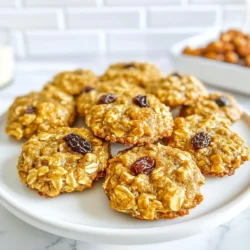 To make oatmeal raisin breakfast cookies, you need these ingredients: - 1 cup rolled oats - 1/2 cup all-purpose flour - 1/2 teaspoon baking soda - 1/2 teaspoon ground cinnamon - 1/4 teaspoon fine sea salt - 1/4 cup coconut oil, melted (allow to cool slightly) - 1/4 cup honey or pure maple syrup - 1 large egg, room temperature - 1 teaspoon pure vanilla extract - 1/2 cup raisins - 1/4 cup chopped walnuts (optional) - 1/4 cup dark chocolate chips (optional) You can easily swap some ingredients. Here are some ideas: - All-purpose flour: Use whole wheat flour for more fiber. - Coconut oil: Use unsalted butter if you prefer. - Honey or maple syrup: Agave syrup works well too. - Raisins: Try dried cranberries or chopped dates instead. - Walnuts: Pecans or almonds can be a great choice. - Dark chocolate chips: Use white chocolate chips for a sweeter twist. Here's some helpful info about the main ingredients: - Rolled oats: High in fiber, they can help with digestion and keep you full. - Coconut oil: Provides healthy fats and can boost energy. - Honey or maple syrup: Natural sweeteners that add flavor without refined sugar. - Egg: A good source of protein and nutrients. - Raisins: Packed with vitamins and minerals, they add natural sweetness. These ingredients make your breakfast cookies tasty and nutritious. Enjoy experimenting with different swaps! {{ingredient_image_2}} First, preheat your oven to 350°F (175°C). This step is key for even baking. Next, line a baking sheet with parchment paper. This helps prevent sticking and makes clean-up easy. In a large bowl, mix the dry ingredients. Combine 1 cup of rolled oats, 1/2 cup of flour, 1/2 teaspoon of baking soda, 1/2 teaspoon of ground cinnamon, and 1/4 teaspoon of fine sea salt. Stir them well to ensure they blend evenly. Now, in a separate bowl, take 1/4 cup of melted coconut oil that has cooled slightly. Add 1/4 cup of honey or maple syrup, 1 egg, and 1 teaspoon of vanilla extract. Whisk the wet ingredients until they are smooth. Pour this mixture over the dry ingredients and gently fold them together. Be careful not to mix too much. This will help keep your cookies soft. Next, add in 1/2 cup of raisins and any optional ingredients, like 1/4 cup of chopped walnuts or dark chocolate chips. Fold everything together until the mix is even. Using a tablespoon or a cookie scoop, drop dough onto the prepared baking sheet. Space each cookie about 2 inches apart. This gives them room to spread. Place the baking sheet in your preheated oven. Bake your cookies for 10-12 minutes. Watch for light golden edges while the centers stay soft. Once baked, take the cookies out of the oven. Let them cool on the baking sheet for about 5 minutes. This helps them set up nicely. After that, move them to a wire rack to cool completely. For storing, keep the cookies in an airtight container. They stay fresh for about a week. Enjoy these cookies with your favorite drink for a delightful breakfast! To bake the best oatmeal raisin breakfast cookies, focus on these tips: - Use room temperature ingredients. This helps the batter mix well and bake evenly. - Do not over-mix the dough. Gently fold in ingredients to keep cookies soft. - Chill the dough. If time allows, chill the dough for 30 minutes. This helps the cookies hold their shape. - Watch the baking time. Cookies should be light golden at the edges and soft in the center. Avoid these common pitfalls to ensure your cookies shine: - Skipping the parchment paper. This can lead to sticking and uneven baking. - Using old ingredients. Check that your baking soda and spices are fresh for the best flavor. - Not measuring accurately. Use measuring cups and spoons to get the right amounts. - Baking on a hot sheet. Always start with a cool baking sheet to avoid spreading. Make these cookies your own with simple changes: - Swap out raisins. Try dried cranberries or chopped dates for a twist. - Add spices. A pinch of nutmeg or ginger can add warmth and depth. - Mix in nuts. Chopped almonds or pecans add crunch and flavor. - Change sweeteners. Use agave syrup or brown sugar for different sweetness levels. Feel free to experiment with these ideas to create your perfect cookie! Pro Tips Fresh Ingredients: Always use fresh oats and spices for the best flavor. Stale ingredients can dull the taste of your cookies. Room Temperature Egg: Using a room temperature egg helps to create a smoother batter and ensures even baking. Mix-Ins Variability: Feel free to substitute raisins with dried cranberries or apricots for a different flavor profile. You can also try adding seeds like chia or flax for extra nutrition. Cooling Time: Allowing cookies to cool on the baking sheet for a few minutes before transferring them to a wire rack helps them set properly and prevents breakage. {{image_4}} You can easily make these cookies healthier. Instead of all-purpose flour, use whole wheat flour. It adds more fiber and nutrients. Swap honey for mashed bananas or unsweetened applesauce. This change cuts down on sugar and adds flavor. For the fat, you can try using unsweetened almond butter instead of coconut oil. This swap can give a nutty taste and add protein. Want to change the flavor? You can add different spices. Try nutmeg or ginger for a warm kick. Chopped apples or dried cranberries are great swaps for raisins. You can also mix in nuts, like pecans or almonds, for crunch. If you love chocolate, add more dark chocolate chips. You can even use white chocolate for a sweet twist! Making these cookies fit your diet is simple. To make them gluten-free, use almond flour or a gluten-free blend. Always check labels to ensure they are safe. If you want vegan cookies, replace the egg with a flax egg. Just mix one tablespoon of flaxseed meal with three tablespoons of water. Let it sit until it thickens. For sweeteners, use maple syrup or agave nectar to keep it plant-based. To keep your oatmeal raisin breakfast cookies fresh, store them in an airtight container. They stay best at room temperature for about three days. If you want to keep them softer, add a slice of bread to the container. This helps retain moisture. For longer storage, you can freeze the cookies. Place them in a freezer-safe bag or container. Make sure to separate layers with parchment paper. They can last up to three months in the freezer without losing flavor. When you're ready to enjoy your cookies, reheat them for a few seconds in the microwave. This brings back their soft texture. If you prefer a crispy edge, pop them in the oven at 350°F (175°C) for about 5 minutes. Enjoy them warm for the best taste! These cookies pack a lot of good stuff. They use rolled oats, which are high in fiber. Fiber helps you feel full and keeps your tummy happy. The coconut oil adds healthy fats. You can choose honey or maple syrup for sweetness. Both are better than white sugar. Plus, you can add nuts and dark chocolate for extra nutrients. All this makes these cookies a great choice for breakfast. To keep your cookies soft, don’t over-bake them. Watch them closely in the oven. They should be golden on the edges but soft in the center. If you want to make them extra moist, add a bit more coconut oil or an extra egg. Also, store them in an airtight container after they cool down. This helps keep them fresh and chewy for longer. Yes, you can freeze these cookies! Let them cool completely first. Then, place them in a single layer on a baking sheet. Freeze them for a few hours until solid. After that, put them in a freezer bag or container. When you want to enjoy them, just take them out and let them thaw at room temperature. You can also heat them up in the oven for a warm treat. You learned about key ingredients for oatmeal raisin breakfast cookies and their substitutes. I shared tips for perfect cookies and ways to customize them. We also covered how to store your cookies for freshness. In closing, don’t be afraid to experiment with flavors and substitutions. This is your chance to make these cookies your own. Enjoy the baking process and savor every bite!