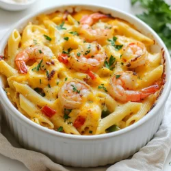 - 8 oz penne pasta - 1 lb large shrimp, peeled and deveined - 1 cup heavy cream - 1 red bell pepper, diced - 1 green bell pepper, diced - 1 small onion, finely chopped - 3 cloves garlic, minced - 2 tablespoons Cajun seasoning - Salt and freshly ground black pepper to taste - 1 cup shredded cheddar cheese - 1 cup shredded mozzarella cheese - Fresh parsley, chopped (for garnish) The main parts of this dish make it rich and tasty. I love using penne pasta because it holds sauce well. The large shrimp add a nice touch. They make each bite feel fresh and light. Heavy cream gives the dish a creamy base. The veggies bring color and crunch. Red and green bell peppers add sweetness. Onions and garlic give depth to the flavor. Cajun seasoning gives it a kick. You can adjust the spice to your taste. Salt and black pepper finish the seasoning perfectly. For cheese, I use both cheddar and mozzarella. They melt well and add a gooey texture. The fresh parsley on top adds a nice pop of color and flavor. It makes the dish look bright and inviting. Gather these ingredients to make a dish that everyone will love. Enjoy the fun of cooking! {{ingredient_image_2}} - Preheat the oven to 375°F (190°C). - Boil 8 oz of penne pasta in salted water until al dente. Drain it and set aside. - Heat 1 tablespoon of olive oil in a large skillet. - Sauté 1 small chopped onion and 3 minced garlic cloves until the onion gets soft. This takes about 3-4 minutes. - Add 1 diced red bell pepper and 1 diced green bell pepper to the skillet. Cook for 3-5 minutes until the peppers soften but stay crisp. - Now, stir in 1 lb of peeled and deveined shrimp. Cook them for about 3-4 minutes until they turn pink. - Sprinkle 2 tablespoons of Cajun seasoning over the shrimp and veggies. Mix well. - Taste the mix and adjust seasoning with salt and freshly ground black pepper if needed. - Pour in 1 cup of heavy cream and stir. Let it simmer for 2-3 minutes to thicken a bit. - Gently fold the shrimp and vegetable mix with the cooked penne pasta in a large bowl until well combined. - Transfer the pasta mixture to a greased 9x13 inch baking dish. Spread it evenly. - Top with 1 cup of shredded cheddar cheese and 1 cup of shredded mozzarella cheese. - Place the dish in the preheated oven. Bake for 20-25 minutes until the cheese is golden and bubbly. After baking, let it cool for about 5 minutes. Enjoy your delicious Cajun shrimp pasta bake! - Ensure shrimp are cooked just until pink for best texture. - Use freshly chopped parsley for garnish to enhance flavor. To get the best shrimp, watch closely as they cook. Shrimp can turn rubbery if you overcook them. They should change from gray to a beautiful pink color. This means they are done! Fresh parsley brings a bright taste and color. Simply chop it right before serving. This way, it stays vibrant and flavorful. - Serve in individual bowls for a stunning presentation. - Drizzle with extra heavy cream for richness. When you serve this dish in small bowls, it looks fancy. Each person gets their own serving. This makes it feel special! If you want a creamy touch, drizzle a bit more heavy cream on top. It adds richness and makes each bite feel indulgent. You could even finish off with a sprinkle of Cajun seasoning for a pop of flavor. Pro Tips Use Fresh Shrimp: Always opt for fresh, high-quality shrimp for the best flavor and texture in your pasta bake. Customize the Heat: Adjust the amount of Cajun seasoning based on your spice preference. Start with less and add more as needed. Cheese Variations: Experiment with different types of cheese such as pepper jack or gouda for a unique twist on flavor. Make Ahead: Prepare the pasta bake in advance and refrigerate it. Just bake it when you’re ready to serve for a quick meal. {{image_4}} You can switch shrimp for chicken or sausage. Both add great taste. If you love seafood, try scallops or crab. These options keep the dish exciting and full of flavor. To make it meat-free, replace shrimp with mushrooms or other veggies. Zucchini or spinach works well too. For creaminess, use a plant-based cream instead of heavy cream. This keeps the dish rich while making it lighter. Store leftovers in an airtight container in the fridge. This keeps them fresh and tasty. You should consume them within 3-4 days for optimal freshness. If you wait longer, the flavors may fade, and the texture can change. Keeping the dish sealed helps prevent any off-flavors from the fridge. You can freeze Cajun shrimp pasta bake for later. Freeze it in individual portions for easy meal prep. This way, you can enjoy a quick meal anytime. When you’re ready to serve, reheat it thoroughly. Make sure it’s heated all the way through to keep the shrimp tender and the cheese melty. Enjoy your homemade dish anytime you want! Yes, you can prepare it a day in advance and bake right before serving. This makes it easy for busy nights. Just cover it and store it in the fridge. When you're ready to enjoy, pop it in the oven. This saves time and lets the flavors blend well. Cajun seasoning can vary; adjust the amount based on your spice preference. If you like heat, use more seasoning. If you prefer mild flavors, use less. You can always add a bit more later. Taste as you go to find your perfect balance. You can substitute with Gruyere or parmesan for a different flavor profile. Gruyere adds a nutty taste, while parmesan gives a sharp kick. Mixing cheeses can create a unique twist on the dish. Feel free to experiment and discover your favorite blend! This Cajun shrimp pasta bake combines tasty ingredients for a satisfying meal. We discussed everything from cooking the pasta to baking the dish to cheesy perfection. Remember, you can swap proteins and even go vegetarian. Don’t forget to store leftovers properly! This recipe is flexible, so make it yours. Enjoy the fun of cooking and sharing this dish with others!