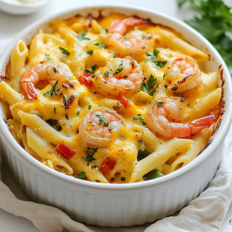 - 8 oz penne pasta - 1 lb large shrimp, peeled and deveined - 1 cup heavy cream - 1 red bell pepper, diced - 1 green bell pepper, diced - 1 small onion, finely chopped - 3 cloves garlic, minced - 2 tablespoons Cajun seasoning - Salt and freshly ground black pepper to taste - 1 cup shredded cheddar cheese - 1 cup shredded mozzarella cheese - Fresh parsley, chopped (for garnish) The main parts of this dish make it rich and tasty. I love using penne pasta because it holds sauce well. The large shrimp add a nice touch. They make each bite feel fresh and light. Heavy cream gives the dish a creamy base. The veggies bring color and crunch. Red and green bell peppers add sweetness. Onions and garlic give depth to the flavor. Cajun seasoning gives it a kick. You can adjust the spice to your taste. Salt and black pepper finish the seasoning perfectly. For cheese, I use both cheddar and mozzarella. They melt well and add a gooey texture. The fresh parsley on top adds a nice pop of color and flavor. It makes the dish look bright and inviting. Gather these ingredients to make a dish that everyone will love. Enjoy the fun of cooking! {{ingredient_image_2}} - Preheat the oven to 375°F (190°C). - Boil 8 oz of penne pasta in salted water until al dente. Drain it and set aside. - Heat 1 tablespoon of olive oil in a large skillet. - Sauté 1 small chopped onion and 3 minced garlic cloves until the onion gets soft. This takes about 3-4 minutes. - Add 1 diced red bell pepper and 1 diced green bell pepper to the skillet. Cook for 3-5 minutes until the peppers soften but stay crisp. - Now, stir in 1 lb of peeled and deveined shrimp. Cook them for about 3-4 minutes until they turn pink. - Sprinkle 2 tablespoons of Cajun seasoning over the shrimp and veggies. Mix well. - Taste the mix and adjust seasoning with salt and freshly ground black pepper if needed. - Pour in 1 cup of heavy cream and stir. Let it simmer for 2-3 minutes to thicken a bit. - Gently fold the shrimp and vegetable mix with the cooked penne pasta in a large bowl until well combined. - Transfer the pasta mixture to a greased 9x13 inch baking dish. Spread it evenly. - Top with 1 cup of shredded cheddar cheese and 1 cup of shredded mozzarella cheese. - Place the dish in the preheated oven. Bake for 20-25 minutes until the cheese is golden and bubbly. After baking, let it cool for about 5 minutes. Enjoy your delicious Cajun shrimp pasta bake! - Ensure shrimp are cooked just until pink for best texture. - Use freshly chopped parsley for garnish to enhance flavor. To get the best shrimp, watch closely as they cook. Shrimp can turn rubbery if you overcook them. They should change from gray to a beautiful pink color. This means they are done! Fresh parsley brings a bright taste and color. Simply chop it right before serving. This way, it stays vibrant and flavorful. - Serve in individual bowls for a stunning presentation. - Drizzle with extra heavy cream for richness. When you serve this dish in small bowls, it looks fancy. Each person gets their own serving. This makes it feel special! If you want a creamy touch, drizzle a bit more heavy cream on top. It adds richness and makes each bite feel indulgent. You could even finish off with a sprinkle of Cajun seasoning for a pop of flavor. Pro Tips Use Fresh Shrimp: Always opt for fresh, high-quality shrimp for the best flavor and texture in your pasta bake. Customize the Heat: Adjust the amount of Cajun seasoning based on your spice preference. Start with less and add more as needed. Cheese Variations: Experiment with different types of cheese such as pepper jack or gouda for a unique twist on flavor. Make Ahead: Prepare the pasta bake in advance and refrigerate it. Just bake it when you’re ready to serve for a quick meal. {{image_4}} You can switch shrimp for chicken or sausage. Both add great taste. If you love seafood, try scallops or crab. These options keep the dish exciting and full of flavor. To make it meat-free, replace shrimp with mushrooms or other veggies. Zucchini or spinach works well too. For creaminess, use a plant-based cream instead of heavy cream. This keeps the dish rich while making it lighter. Store leftovers in an airtight container in the fridge. This keeps them fresh and tasty. You should consume them within 3-4 days for optimal freshness. If you wait longer, the flavors may fade, and the texture can change. Keeping the dish sealed helps prevent any off-flavors from the fridge. You can freeze Cajun shrimp pasta bake for later. Freeze it in individual portions for easy meal prep. This way, you can enjoy a quick meal anytime. When you’re ready to serve, reheat it thoroughly. Make sure it’s heated all the way through to keep the shrimp tender and the cheese melty. Enjoy your homemade dish anytime you want! Yes, you can prepare it a day in advance and bake right before serving. This makes it easy for busy nights. Just cover it and store it in the fridge. When you're ready to enjoy, pop it in the oven. This saves time and lets the flavors blend well. Cajun seasoning can vary; adjust the amount based on your spice preference. If you like heat, use more seasoning. If you prefer mild flavors, use less. You can always add a bit more later. Taste as you go to find your perfect balance. You can substitute with Gruyere or parmesan for a different flavor profile. Gruyere adds a nutty taste, while parmesan gives a sharp kick. Mixing cheeses can create a unique twist on the dish. Feel free to experiment and discover your favorite blend! This Cajun shrimp pasta bake combines tasty ingredients for a satisfying meal. We discussed everything from cooking the pasta to baking the dish to cheesy perfection. Remember, you can swap proteins and even go vegetarian. Don’t forget to store leftovers properly! This recipe is flexible, so make it yours. Enjoy the fun of cooking and sharing this dish with others!