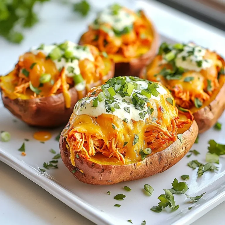 To make Buffalo Chicken Stuffed Sweet Potatoes, you will need: - 4 medium sweet potatoes - 2 cups cooked shredded chicken - ½ cup buffalo sauce - 1 cup shredded sharp cheddar cheese - ½ cup plain Greek yogurt - 1 tablespoon fresh lime juice - 2 green onions, finely sliced - Salt and pepper, to taste - Fresh parsley, chopped, for garnish You can customize your stuffed sweet potatoes in many ways. Here are some options: - Add more vegetables like diced celery or bell peppers for crunch. - Use different cheeses like mozzarella or pepper jack for a unique flavor. - Swap the Greek yogurt for sour cream or a dairy-free alternative. - Top with avocado for creaminess or jalapeños for extra heat. Each serving of Buffalo Chicken Stuffed Sweet Potatoes offers a tasty balance of nutrients. Here’s what you get: - Calories: Approximately 450 - Protein: 30g - Carbohydrates: 50g - Fat: 15g - Fiber: 10g This dish is a great source of vitamins and healthy carbs, making it a filling choice! {{ingredient_image_2}} First, preheat your oven to 400°F (200°C). This step gets your oven ready for the sweet potatoes. While it heats up, wash four medium sweet potatoes under running water. This removes any dirt and makes them clean to eat. Use a fork to pierce each potato a few times. This lets steam escape as they bake. Place the potatoes on a baking sheet lined with parchment paper. This will stop them from sticking to the pan. While the sweet potatoes bake, grab a medium bowl. Add two cups of cooked shredded chicken to the bowl. Pour in ½ cup of buffalo sauce. Stir well until the chicken is fully coated. You can adjust the sauce based on how spicy you want it. If you like heat, add more sauce. If you prefer mild, use less. This buffalo chicken filling is key to the dish's flavor. Once the sweet potatoes are soft and cooked, take them out of the oven. Let them cool for a few minutes. Slice each potato lengthwise, but don’t cut all the way through. This way, they open like a book. Use a fork to fluff the insides gently. This creates space for the filling. Sprinkle a bit of salt and pepper inside each potato for extra taste. Next, spoon the buffalo chicken mixture into each potato. Fill them generously to enjoy every bite. Now, sprinkle shredded sharp cheddar cheese on top of the chicken filling. This cheese will melt and add creaminess. Place the stuffed potatoes back in the oven for about ten minutes. You want the cheese to melt and bubble up. While they bake, mix ½ cup of plain Greek yogurt with one tablespoon of fresh lime juice in a small bowl. This will be a zesty sauce for drizzling. After the potatoes are done, take them out and drizzle the yogurt-lime sauce over each one. Finally, add sliced green onions and chopped parsley on top. This adds color and flavor, making your dish look great! Choose sweet potatoes that are firm and free of soft spots. Look for smooth skin, as this means they are fresh. Smaller potatoes tend to be sweeter and cook faster. If you can, pick ones that feel heavy for their size. This weight often means more moisture and flavor. To control the heat, start with half a cup of buffalo sauce. Taste the mixture after mixing in the chicken. If you want more spice, add extra sauce a little at a time. For a milder dish, mix in some Greek yogurt with the sauce. This will cool down the heat while adding creaminess. Serve the stuffed sweet potatoes on a rustic wooden board or a bright platter. This makes the dish pop with color. For added flair, drizzle the yogurt-lime sauce over the top before serving. Sprinkle green onions and parsley for a fresh touch. This not only looks good but adds flavor too. Pro Tips Choose the Right Sweet Potatoes: Look for sweet potatoes that are firm and free of blemishes to ensure a deliciously sweet and tender filling. Adjust the Spice Level: Feel free to modify the amount of buffalo sauce based on your personal heat tolerance—start with less if you're unsure. Add a Crunch: For added texture, consider sprinkling some crushed tortilla chips or celery on top before serving. Meal Prep Friendly: You can prepare the buffalo chicken mixture in advance and store it in the fridge for up to 3 days for quick assembly later. {{image_4}} You can swap chicken for other proteins. Try shredded turkey, beef, or pork. For a twist, use tofu for a plant-based option. Each protein brings its unique flavor. You can also change the sauce. Use barbecue sauce for a sweet version. Experiment with teriyaki or even a spicy sriracha. Each sauce will transform your stuffed sweet potatoes. To make this dish vegetarian, use jackfruit or lentils instead of chicken. Both are hearty and soak up flavors well. For a vegan option, combine lentils with a vegan buffalo sauce. You can also use cashew cream to mimic the creaminess of yogurt. This keeps the dish rich while being plant-based. Don't forget to add extra spices for flavor! Cheese lovers can play with different types. Try mozzarella or pepper jack for heat. Feta cheese adds a tangy kick, while cream cheese offers smoothness. For a crunchy topping, add crushed tortilla chips or breadcrumbs. Fresh herbs like cilantro or chives can add a pop of color and taste. Feel free to mix and match to find your perfect combo! To keep your buffalo chicken stuffed sweet potatoes fresh, store them in an airtight container. Place them in the fridge. They will stay good for up to three days. If you have any sauce left, store it separately. This helps keep the potatoes from getting soggy. When you're ready to eat your leftovers, reheat them in the oven. Preheat your oven to 350°F (175°C). Place the stuffed sweet potatoes on a baking sheet. Cover them with foil to keep them moist. Heat for about 15 minutes, or until warmed through. You can also use a microwave for quick reheating. Just be careful not to overheat them. If you want to freeze your stuffed sweet potatoes, do it right after they cool down. Wrap each potato tightly in plastic wrap. Then, place them in a freezer-safe bag or container. They can last for up to three months in the freezer. When you're ready to eat, thaw them in the fridge overnight. Reheat them in the oven for the best taste. Yes, you can make this recipe ahead of time. Cook the sweet potatoes and buffalo chicken filling. After cooking, let the potatoes cool. You can store them in the fridge for up to three days. When you're ready to eat, reheat them in the oven. This method keeps the sweet potatoes tasty and warm. If you don't have Greek yogurt, you can use sour cream instead. It gives a similar creamy texture. You can also try plain regular yogurt if you want a lighter option. Both will still add that nice tang to your dish. To add more heat, try using extra buffalo sauce in the filling. You can also mix in diced jalapeños or crushed red pepper flakes. Another great option is to use a spicier cheese, like pepper jack. This will give your dish a nice kick! Buffalo chicken stuffed sweet potatoes are easy to make and delicious. We covered all ingredients, step-by-step instructions, and helpful tips. You can customize the recipe with different proteins and toppings. Don’t forget about storing leftovers for later enjoyment. This dish is perfect for meal prep or a quick dinner. By following these guidelines, you can share a tasty meal with family and friends. Enjoy making this delightful dish your own!