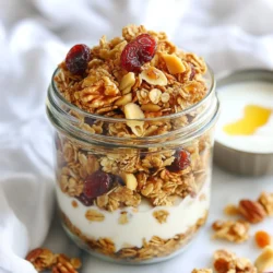 Making Maple Walnut Granola Clusters is simple. You only need a few key ingredients. Here’s what you will need: - 2 cups rolled oats - 1 cup walnuts, roughly chopped - 1/2 cup almond slices - 1/2 cup unsweetened shredded coconut - 1/3 cup pure maple syrup - 1/4 cup coconut oil, melted - 1/2 teaspoon vanilla extract - 1/2 teaspoon ground cinnamon - 1/4 teaspoon sea salt - 1/2 cup dried cranberries or cherries (optional) Each ingredient plays a big role in flavor and texture. Rolled oats give a nice base. Walnuts add crunch and nutty flavor. Almond slices bring a light taste, while shredded coconut gives a tropical twist. Pure maple syrup sweetens it all naturally. Coconut oil helps everything stick together. Vanilla extract adds warmth. Ground cinnamon gives a hint of spice, and sea salt balances the sweetness. You can add dried fruits for extra flavor if you like. {{ingredient_image_2}} 1. Preheat the oven and prepare the baking sheet: Start by preheating your oven to 325°F (160°C). Line a baking sheet with parchment paper. This step helps your granola not stick. 2. Mix dry ingredients in a bowl: In a large bowl, combine 2 cups of rolled oats, 1 cup of roughly chopped walnuts, 1/2 cup of almond slices, 1/2 cup of shredded coconut, 1/2 teaspoon of ground cinnamon, and 1/4 teaspoon of sea salt. Stir the dry ingredients well to mix them evenly. 3. Combine wet ingredients in a separate bowl: In another bowl, whisk together 1/4 cup of melted coconut oil, 1/3 cup of pure maple syrup, and 1/2 teaspoon of vanilla extract. Mix until smooth. 1. Incorporate the wet mixture into the dry ingredients: Pour the wet mixture over the dry ingredients. Use a spatula to mix them gently. Make sure every dry ingredient gets a good coating of the wet mixture. 2. Form the granola and press it into the baking sheet: Transfer the mixture to your prepared baking sheet. Press it down firmly and evenly into a flat layer. This helps form the clusters when baking. 3. Baking time and temperature details: Place the baking sheet in the oven. Bake for 20 to 25 minutes. Keep an eye on it and rotate the baking sheet halfway through. Look for a golden brown color on the edges. 1. Importance of cooling for cluster formation: Once baked, take the granola out of the oven. Let it cool completely on the baking sheet. This step is key for the granola to harden and form clusters. 2. Breaking into clusters and adding optional ingredients: After it has cooled, use your hands to gently break it into clusters. If you want to add dried cranberries or cherries, fold them in now to distribute evenly. To make the best maple walnut granola clusters, ensure you coat the mixture evenly. This means mixing well so every oat and nut gets that sweet maple flavor. When you pour the wet mixture over the dry, use a spatula to fold it in gently but thoroughly. Press down on the mixture firmly once it is on the baking sheet. This step is crucial. By pressing down, you help the granola stick together. The more compact it is, the better the clusters will form. Keep a close watch while your granola bakes. Set a timer for 20 minutes, but check on it often. Rotate the baking sheet halfway through to help it brown evenly. Look for a golden color on the edges. This means your granola is almost ready. If you see any dark spots, pull it out right away to avoid burning. For serving, you can use a clear glass jar or a rustic bowl. This makes the granola look appealing and shows off those lovely clusters. A dollop of fresh yogurt on top adds creaminess. Drizzle honey over the yogurt for extra sweetness. You can also sprinkle some more walnuts or oats on top for a fun texture. This makes a great breakfast or snack option! Pro Tips Choose Quality Ingredients: Using high-quality nuts and pure maple syrup can significantly enhance the flavor of your granola, making it more delicious and nutritious. Don't Skip the Cooling Step: Allowing the granola to cool completely on the baking sheet is essential for achieving that perfect crunchy cluster texture. Experiment with Mix-Ins: Feel free to add other ingredients like seeds, chocolate chips, or different dried fruits to customize the flavor and texture of your granola. Proper Storage: Store your granola in an airtight container in a cool, dry place to maintain its freshness and crunchiness for up to two weeks. {{image_4}} You can mix up the flavors in your granola easily. Try using different nuts like pecans or hazelnuts. Seeds like pumpkin or sunflower seeds add crunch too. For sweeteners, try honey or agave syrup instead of maple syrup. You can even add flavor extracts like almond or coconut for a fun twist. Each change gives you a new taste to enjoy. You can customize your granola by adding dried fruits like raisins, apricots, or figs. Chocolate chips or cacao nibs can make it extra special. A dash of nutmeg or ginger can bring a warm spice flavor. Feel free to experiment based on what you like. The key is to mix in ingredients that suit your taste buds. If you need gluten-free options, use gluten-free oats. Many brands offer oats that are certified gluten-free. For those who follow a vegan diet, replace honey with maple syrup or agave nectar. You can also use plant-based butter instead of coconut oil. These simple swaps help you enjoy this tasty snack while sticking to your dietary needs. To keep your maple walnut granola clusters fresh, use an airtight container. Glass jars work great. They keep out air and moisture. You can also use plastic containers with tight lids. Make sure the container is clean and dry before adding your granola. This helps it stay crunchy and tasty for longer. To maintain freshness, store the granola in a cool, dry place. Avoid direct sunlight. If you live in a humid area, consider placing a small moisture absorber in the container. This keeps your granola from getting soggy. Homemade granola can last for about two weeks when stored properly. After that, it may lose its crunch and flavor. You can check if your granola has gone stale. If it smells off or tastes bland, it’s time to toss it. Another sign is if it feels soft or chewy instead of crunchy. Batch-making granola saves time. You can prepare a large batch and store it for later use. Make sure to cool the granola completely before storing it. This helps it form clusters and stay fresh. For long-term storage, freeze your granola. Place it in a freezer-safe bag or container. It will last for up to three months. When you’re ready to eat it, just take out what you need. Let it sit at room temperature for a few minutes, and it will be as good as fresh! How long does it take to make granola clusters? Making these tasty granola clusters takes about 35 minutes. This includes 10 minutes of prep time and 25 minutes of baking. You can enjoy homemade granola in no time! Can I use other types of nuts or oats? Yes, you can switch out the nuts and oats. Try pecans or almonds instead of walnuts. You can also use quick oats or steel-cut oats if you prefer. Customize it to fit your taste! Caloric content and serving size details One serving of maple walnut granola clusters is about 1/2 cup. It contains around 200 calories. This makes it a satisfying snack or breakfast option. Health benefits of the ingredients used The oats provide fiber, which helps with digestion. Walnuts are rich in healthy fats and protein. Maple syrup adds sweetness and vitamins. Together, these ingredients make a wholesome snack! What to do if granola doesn’t cluster properly? If your granola won’t cluster, try pressing it down more when forming it. Make sure to bake it until golden brown. Let it cool completely to help it stick together. How to fix overly sweet or bland granola? If your granola is too sweet, reduce the maple syrup next time. To fix bland granola, add a touch more cinnamon or a pinch of salt. You can also mix in more nuts or dried fruits for extra flavor! Making maple walnut granola clusters is simple and fun. We covered the key ingredients, from oats to coconut oil, and went through the preparation and baking steps. You learned tips for making perfect clusters and how to customize flavors. Remember proper storage to keep your granola fresh and crunchy. Granola is a great snack or breakfast choice. With all the options you explored, you can create a delicious recipe that suits your taste. Enjoy making your own tasty treats!