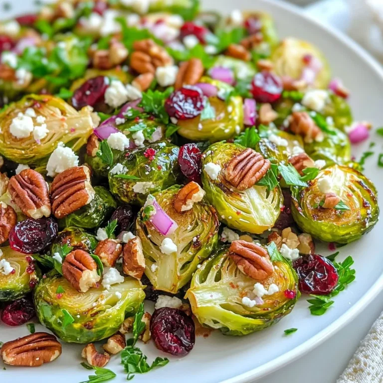 To make this delightful salad, gather these key ingredients: - 1 lb Brussels sprouts, trimmed and halved - 1/2 cup dried cranberries - 1/2 cup pecans, roughly chopped - 1/4 cup red onion, thinly sliced - 1/4 cup feta cheese, crumbled (optional) These ingredients create a mix of flavors and textures. The Brussels sprouts give a nice crunch. Dried cranberries add sweetness. Pecans bring a nutty taste, while red onion offers a sharp edge. If you choose feta, it adds creaminess. For the dressing, you’ll need: - 2 tablespoons olive oil - 1 tablespoon balsamic vinegar - 1 tablespoon honey or maple syrup - Salt and pepper to taste This dressing balances the salad. Olive oil adds richness, while balsamic vinegar brings acidity. Honey or maple syrup sweetens it just right. Don’t forget salt and pepper to enhance the flavor. To finish your salad, consider using: - Fresh parsley, finely chopped Parsley not only adds a pop of color, but it also gives a fresh taste. It makes the salad even more appealing. {{ingredient_image_2}} Set your oven to 400°F (200°C). This warm temperature helps the Brussels sprouts roast perfectly. Preheating is key for even cooking. Trim and halve the Brussels sprouts. Place them in a mixing bowl. Add one tablespoon of olive oil, salt, and pepper. Toss the sprouts until they are well coated. This step ensures they roast nicely. Spread the seasoned Brussels sprouts on a baking sheet. Make sure they are in a single layer. Roast them for 20-25 minutes. They should turn golden brown and become tender. Toss them halfway through. This helps them cook evenly. While the sprouts roast, whisk together the dressing. In a small bowl, mix one tablespoon of olive oil, balsamic vinegar, and honey or maple syrup. Add a pinch of salt and pepper. Set this aside for later. Once the sprouts are done, take them out of the oven. In a large bowl, combine the roasted Brussels sprouts, dried cranberries, chopped pecans, and thinly sliced red onion. If you like, add crumbled feta cheese. Drizzle the dressing over the salad mixture. Gently toss it all together. Make sure every part is coated in dressing. Let your salad sit for 5-10 minutes. This resting time helps the flavors blend well. To get Brussels sprouts just right, start with fresh ones. Trim off the tough ends and slice them in half. This helps them cook evenly. Toss the halves with olive oil, salt, and pepper. Make sure they have space on the baking sheet. This allows for good air flow. Roast at 400°F for 20-25 minutes. Watch for a nice golden color. Toss them halfway through for even caramelization. This step is key for great flavor. You can add more flavor with spices. Try garlic powder or smoked paprika for a warm touch. A sprinkle of red pepper flakes adds some heat. If you like sweet notes, consider adding a pinch of cinnamon. Fresh herbs like thyme or rosemary also work well. They bring a fresh taste that lifts the salad. Don't forget to taste as you go! This salad shines at gatherings. Serve it in a large bowl to show off its colors. It pairs well with grilled chicken or fish. You can also enjoy it with roasted meats. For a full meal, add quinoa or farro. This adds hearty grains and makes it more filling. Top with extra pecans and cranberries for a beautiful finish. Pro Tips Freshness Matters: Use fresh Brussels sprouts for the best flavor and texture. Look for bright green, firm sprouts without any yellowing leaves. Nut Toasting: Toast the pecans in a dry skillet for a few minutes before adding them to the salad. This enhances their flavor and adds a lovely crunch. Customize Your Dressing: Feel free to adjust the sweetness of the dressing by adding more honey or maple syrup according to your taste preference. Make Ahead: You can roast the Brussels sprouts and prepare the dressing ahead of time. Combine everything just before serving for the freshest taste. {{image_4}} You can easily make this salad your own. Add proteins to boost the nutrition. Grilled chicken, shrimp, or chickpeas work well. For veggies, consider sliced apples or roasted sweet potatoes. These choices add flavor and texture. Feel free to mix and match based on your taste. If you want a different flavor, try other dressings. A lemon vinaigrette adds zest. You can also use yogurt-based dressings for creaminess. For a spicy kick, add a touch of sriracha to the balsamic dressing. Each option brings a new twist to the salad. This salad is easy to adapt for special diets. To make it vegan, skip the feta cheese. Use maple syrup instead of honey for sweetness. For a gluten-free option, ensure your dressing is gluten-free. These small changes keep the salad delicious for everyone. To keep your salad fresh, place it in an airtight container. Make sure the container seals well to avoid air. If you have extra dressing, store it separately. This keeps the salad crisp. You can store the salad in the fridge for up to three days. After that, the sprouts may lose their crunch. If you notice any off smells or colors, it's best to toss it. This salad tastes great cold. If you prefer it warm, gently reheat the Brussels sprouts in a pan. Add a little olive oil to keep them moist. Avoid using the microwave, as it may make the salad soggy. Enjoy this delicious dish however you like! Yes, you can prepare this salad ahead of time. To do this, roast the Brussels sprouts first. Let them cool and store them in the fridge. Combine the other ingredients just before serving. This keeps everything fresh and crunchy. You can also mix the dressing ahead. Just shake well before adding it to the salad. Yes, you can use alternatives like dried cherries or raisins. If you want a tart kick, try using pomegranate seeds. Adjust the sweetness of your dressing based on your choice. Dried fruits add great flavor and texture to the salad. You can use walnuts, almonds, or hazelnuts in place of pecans. Each nut adds a different taste. Walnuts give a rich flavor, while almonds add a nice crunch. Toast the nuts lightly for a deeper taste. Yes, this salad is gluten-free. All the ingredients are naturally gluten-free. Just make sure your balsamic vinegar is also gluten-free. This salad is a great choice for anyone avoiding gluten. Enjoy the fresh flavors without worry! This blog post covered a tasty cranberry pecan Brussels sprout salad. We explored the key ingredients, including Brussels sprouts, pecans, and cranberries. I shared easy steps for roasting and mixing the salad. Helpful tips and variations add flavor and options for all diets. Enjoy this salad at home or for gatherings. It's healthy, simple, and sure to impress. Keep experimenting with ingredients, and have fun with your meals!