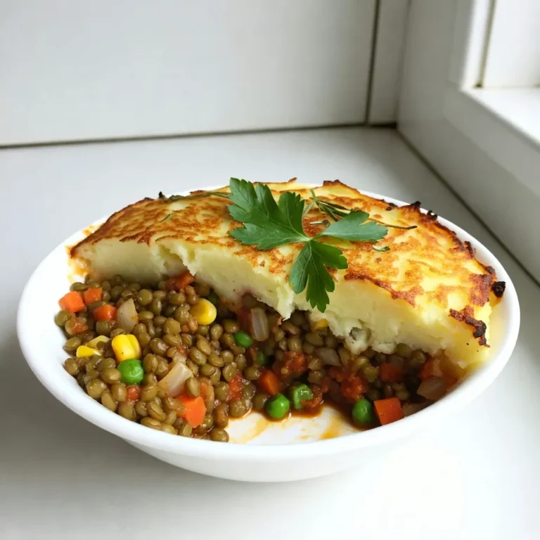 - 1 cup green or brown lentils, rinsed - 1 medium onion, diced - 2 cloves garlic, minced - 2 medium carrots, diced - 1 cup peas (fresh or frozen) - 1 cup corn (fresh or frozen) - 4 medium potatoes, peeled and cubed Lentils are the star of this dish. They provide protein and a hearty texture. I love using green or brown lentils for their nutty taste. They soak up flavors well and keep their shape. Next, I add a mix of vegetables. Onions and garlic boost the taste and aroma. Carrots, peas, and corn add sweetness and color. They make the pie look inviting and appealing. - 2 teaspoons dried thyme - 1 teaspoon dried rosemary - 1 tablespoon soy sauce - 2 tablespoons nutritional yeast (optional) For flavor, I reach for thyme and rosemary. These herbs add warmth and earthiness. Soy sauce gives a savory touch, enhancing the lentils' taste. Nutritional yeast is optional but highly recommended. It brings a cheesy flavor to the mash, without using dairy. - 3 cups vegetable broth - 1/4 cup plant-based milk (such as almond or oat) Vegetable broth is key for cooking lentils. It infuses them with rich flavor. I also use plant-based milk for the potatoes. It creates a creamy mash that pairs well with the lentil filling. This combination makes the dish both hearty and comforting. {{ingredient_image_2}} Start by rinsing 1 cup of lentils. This removes dirt and impurities. In a medium pot, combine the lentils with 3 cups of vegetable broth. Bring the pot to a rolling boil. Once it boils, reduce the heat to low. Cover the pot and let it simmer for 20 to 25 minutes. The lentils should become tender. After cooking, check if there’s any extra liquid. Drain it if needed, then set the lentils aside. Heat 2 tablespoons of olive oil in a large skillet over medium heat. Add the diced onion and minced garlic first. Sauté them for 3 to 4 minutes. Watch for the onions to turn translucent. Next, add the diced carrots. Cook them for about 5 minutes. Stir often until they begin to soften. Then, mix in 1 cup of peas and 1 cup of corn. Make sure to stir well so the vegetables cook evenly. Now it’s time to bring everything together. Gently add the cooked lentils to the skillet with the sautéed vegetables. Stir in 1 tablespoon of tomato paste, 2 teaspoons of dried thyme, and 1 teaspoon of dried rosemary. Pour in 1 tablespoon of soy sauce, and season with salt and pepper to taste. Cook this mixture for another 5 minutes. This lets all the flavors blend beautifully. In a separate pot, prepare the mashed potatoes. Boil salted water and add 4 cubed potatoes. Cook until fork-tender, about 15 minutes. Drain the potatoes and return them to the pot. Add 1/4 cup of plant-based milk and 2 tablespoons of nutritional yeast if you want a cheesy flavor. Mash until smooth and creamy. Season with salt and pepper to taste. Your lentil mixture and mashed potatoes are now ready to create a hearty Vegan Lentil Shepherd's Pie! To make creamy mashed potatoes, you want to avoid water. Start with dry, starchy potatoes like Russets. After boiling, drain them well. Let them sit for a minute to steam off any extra moisture. For seasoning, add salt while boiling. This helps the potatoes absorb flavor from the start. When mashing, use plant-based milk to get that creamy texture. Fresh herbs add a burst of flavor to your pie. Try using parsley or thyme. They make each bite pop. If you don’t have fresh herbs, dried ones work too. You can also switch up the seasonings. Add smoked paprika for a smoky taste. A pinch of cumin can give it warmth. Experiment with your favorites! For a lovely look, garnish with fresh parsley. A sprinkle of paprika adds a nice touch of color. You can serve the pie in individual bowls. This makes it feel special. Pair it with a crisp green salad for extra crunch. It not only looks good, but also tastes great! Pro Tips Choose the Right Lentils: Green or brown lentils are ideal for this recipe as they hold their shape well during cooking, providing a hearty texture to your Shepherd’s Pie. Enhance Flavor with Herbs: Fresh herbs like parsley or basil can elevate the flavor profile of the filling. Consider adding them just before serving for a fresh touch. Perfectly Creamy Mashed Potatoes: For an even creamier texture, use a potato ricer instead of a masher. This technique will give you light and fluffy mashed potatoes. Make Ahead and Freeze: This dish freezes well! Prepare it in advance, bake it, and then freeze for a quick and nutritious meal later on. Just reheat in the oven. {{image_4}} Other Legumes You can switch up the lentils in this dish. Chickpeas or black beans work well. They add protein and texture. Just make sure to adjust cooking times. For example, canned beans need less cooking time than dried lentils. Adding Tofu or Tempeh Tofu or tempeh can also boost protein. Crumble or chop them and sauté them with your veggies. They soak up flavors nicely. This way, you get a heartier meal while keeping it vegan. Seasonal Veggies Feel free to use what’s in season. Zucchini, bell peppers, or mushrooms can add great taste. Use your favorite veggies to keep it fresh and fun. Seasonal produce often has more flavor and nutrients, too. Using Leftover Vegetables Got leftovers? Toss them in! Cooked broccoli or spinach blend well. This is a great way to reduce waste and add new flavors. Plus, you can experiment with different tastes each time you make it! Bread Crumbs for Topping If you want a gluten-free dish, use gluten-free bread crumbs. They create a crunchy topping. You can mix them with some olive oil and herbs for added flavor. Checking Ingredients Always check labels on pre-made items. Some sauces or broths may contain gluten. Stick to certified gluten-free options to stay safe. This way, everyone can enjoy this tasty dish! To store your Vegan Lentil Shepherd’s Pie, let it cool first. Place it in an airtight container. Store it in the fridge for up to 3 days. To keep it fresh, cover the surface with plastic wrap before sealing. This helps prevent it from drying out. You can freeze this dish for longer storage. First, let it cool completely. Then, place it in a freezer-safe container. It can last up to 3 months in the freezer. When you want to eat it, thaw it overnight in the fridge. To reheat, bake it in the oven at 350°F (175°C) until hot. You can also use the microwave if you are short on time. Check for signs of spoilage before eating. If it smells off or has mold, toss it out. Properly stored, the pie can last about 3 days in the fridge and 3 months in the freezer. Keeping an eye on your food helps you enjoy every bite safely. Yes, you can make Vegan Lentil Shepherd’s Pie ahead of time. This dish stores well, making it perfect for meal prep. To prepare it in advance, follow these steps: - Cook the lentils and veggies as noted in the recipe. - Assemble the pie in your baking dish but do not bake it yet. - Cover the dish tightly with plastic wrap or foil. - Refrigerate for up to two days. You can also freeze it for up to three months. When you are ready to serve, remove it from the fridge. Bake it at 400°F (200°C) for 30-35 minutes. If frozen, thaw it overnight in the fridge before baking. Nutritional yeast adds a cheesy flavor to your pie, but it is not a must. If you want that creamy taste, I suggest including it. However, you can skip it or replace it with other ingredients. Here are some options: - Vegan cheese can give a similar taste. - Cashew cream adds richness and flavor. - Simply omit it if you prefer a lighter pie. Adjust the flavor to suit your taste. Each option brings a unique twist to your dish. Absolutely, you can customize the veggies! This recipe is flexible and allows you to use what you love or have on hand. Here are some ideas: - Bell peppers or zucchini can add great flavor. - Mushrooms bring a hearty texture. - Spinach or kale can add greens and nutrients. Feel free to mix and match your favorite vegetables. Just keep the cooking times in mind to ensure everything cooks evenly. Your pie can be a unique reflection of your tastes! In this blog post, I shared a recipe for Vegan Lentil Shepherd’s Pie, outlining key ingredients, cooking steps, and storage tips. From lentils and vegetables to flavorful spices, each part contributes to a delicious dish. Remember, you can customize it to suit your taste. Whether you want to use different veggies or try new proteins, the options are endless. Enjoy your cooking journey and make this dish your own!